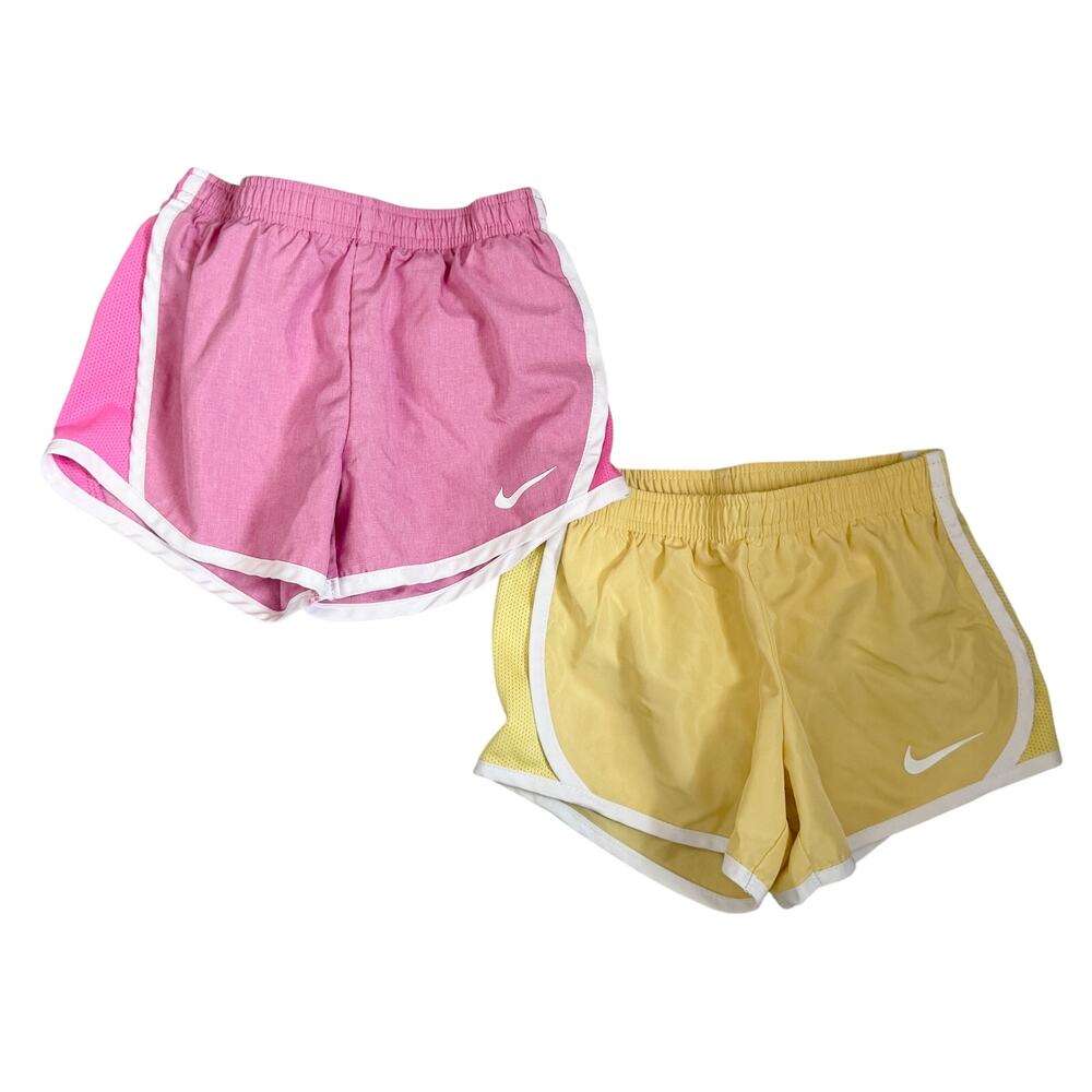 NIKE Girls Dri-Fit Lined Athletic Shorts Pink Yellow XS/4 98-104cm (1472)